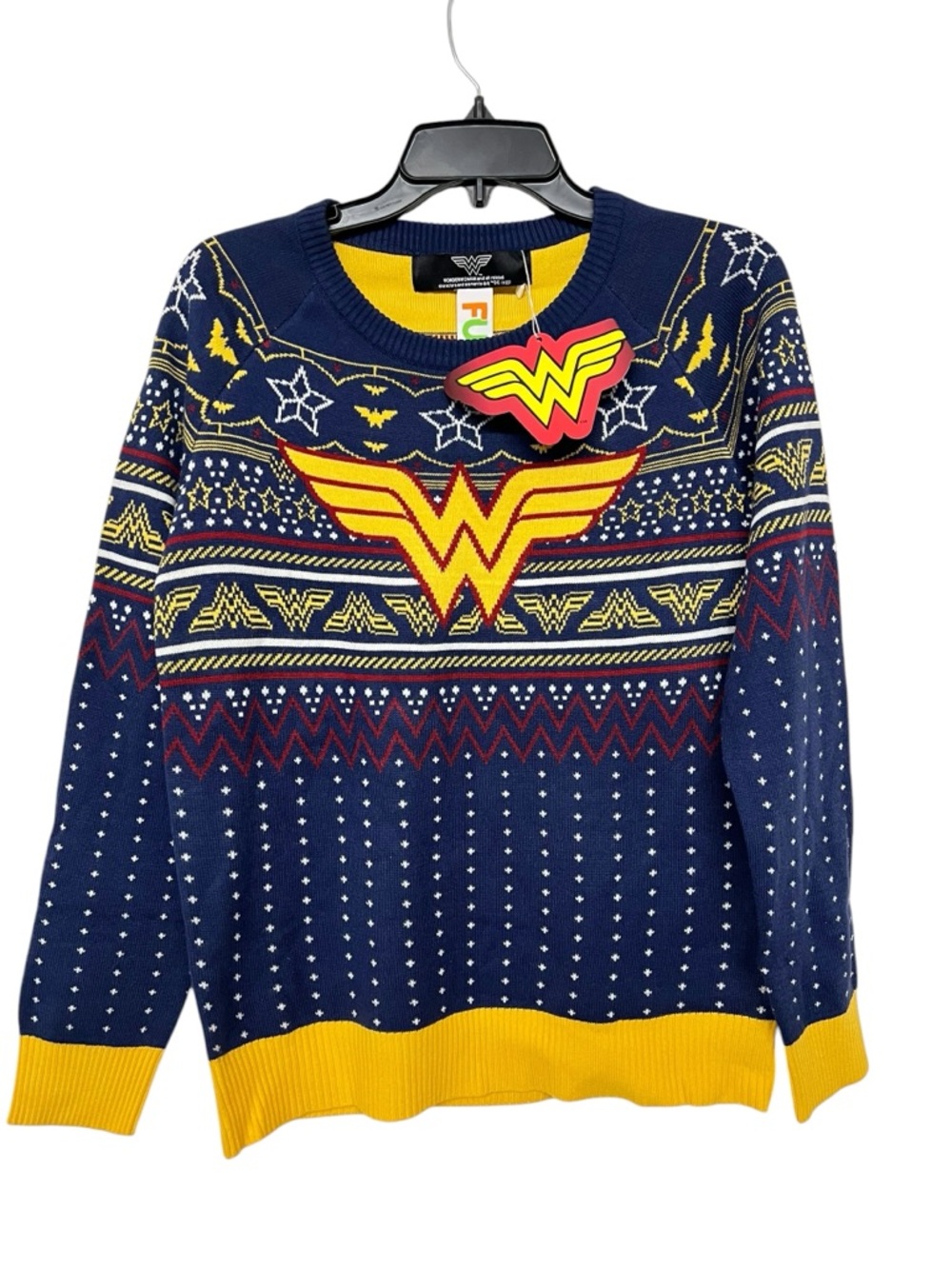 New Adult DC Comics Navy & Yellow Holiday Ugly Christmas Sweater